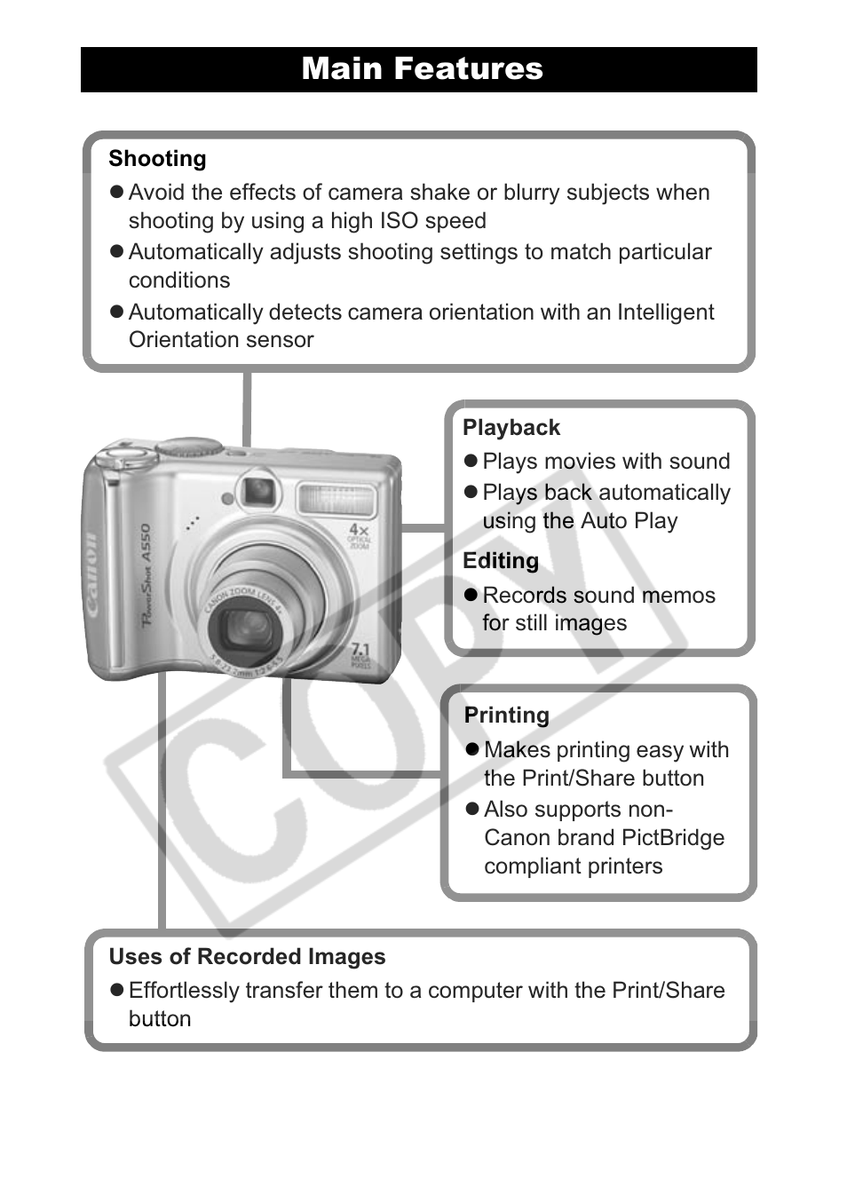 Main features | Canon A550 User Manual | Page 2 / 123