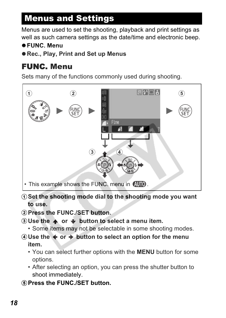 Menus and settings, Func. menu | Canon A550 User Manual | Page 20 / 123
