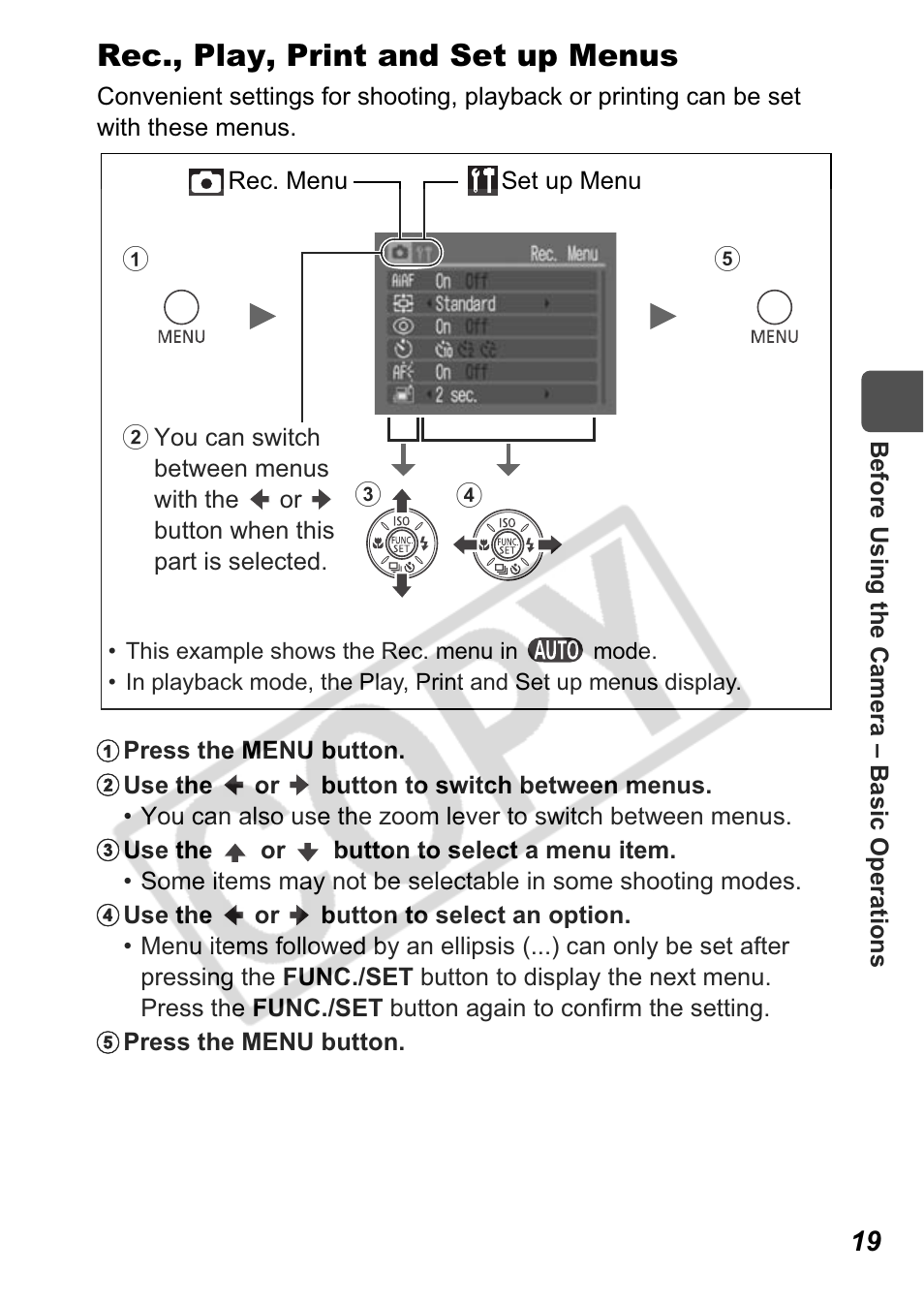 Rec., play, print and set up menus | Canon A550 User Manual | Page 21 / 123
