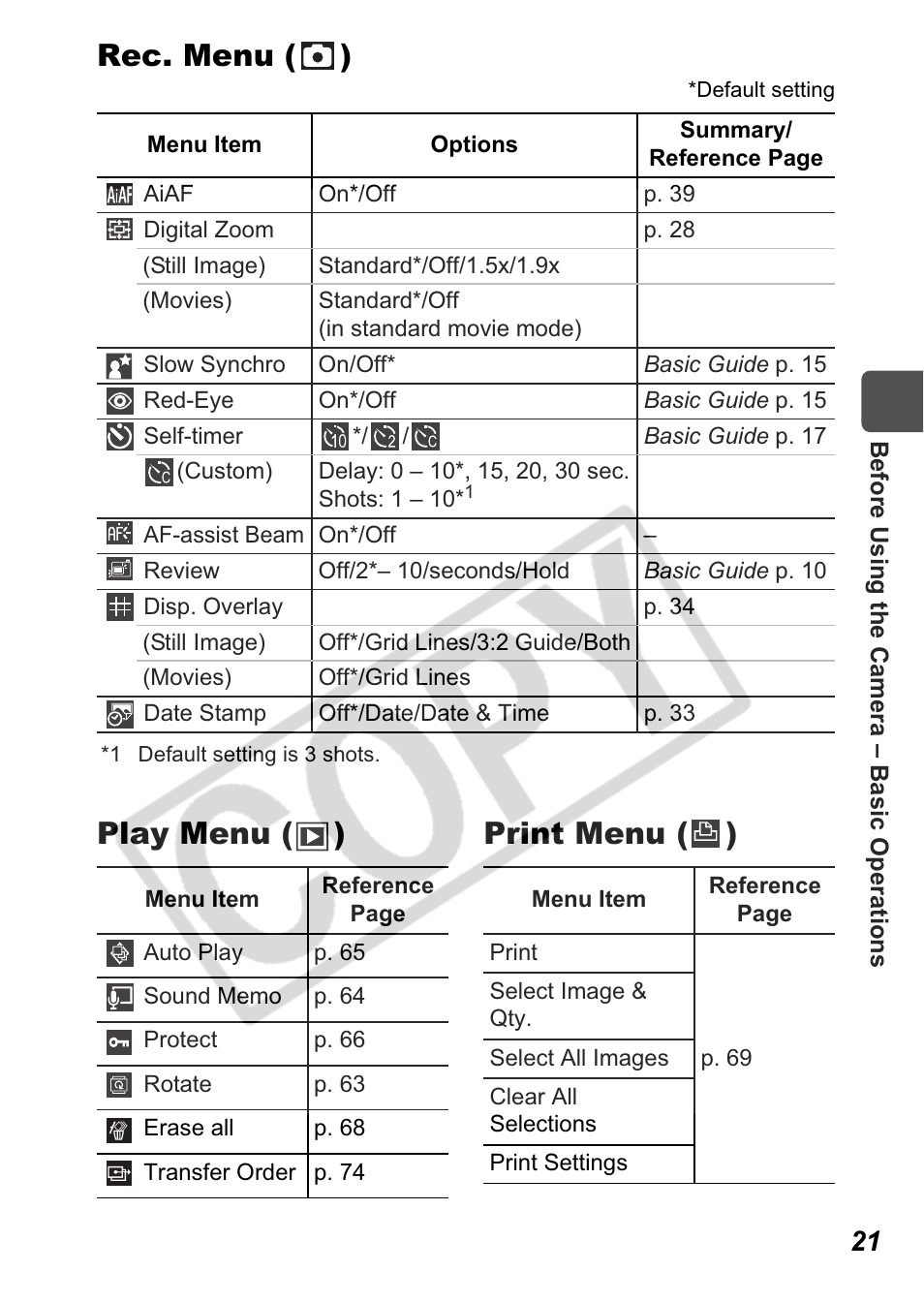Rec. menu ( ), Play menu ( ) print menu ( ) | Canon A550 User Manual | Page 23 / 123