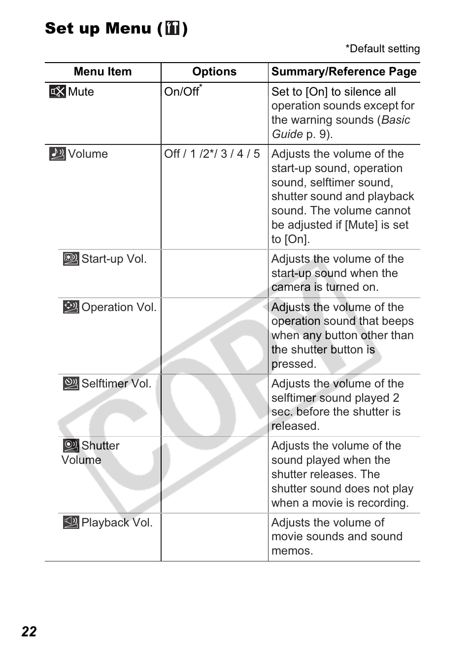 Set up menu ( ) | Canon A550 User Manual | Page 24 / 123