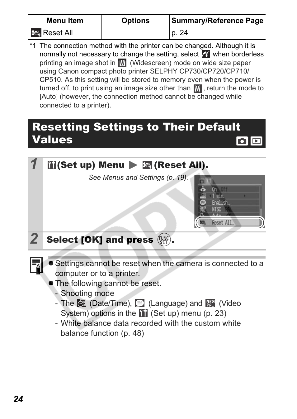 Resetting settings to their default values | Canon A550 User Manual | Page 26 / 123