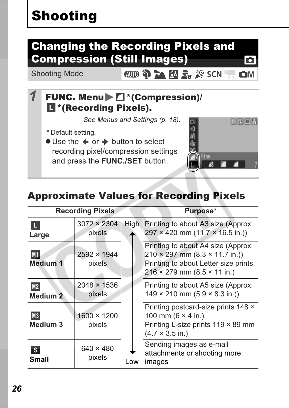 Shooting, Approximate values for recording pixels | Canon A550 User Manual | Page 28 / 123