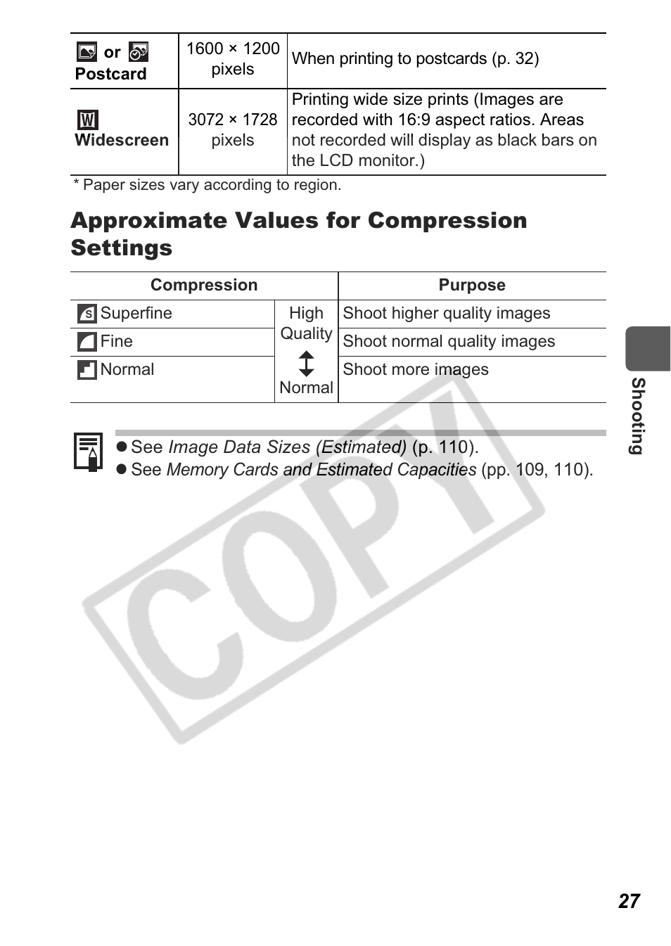 Approximate values for compression settings | Canon A550 User Manual | Page 29 / 123