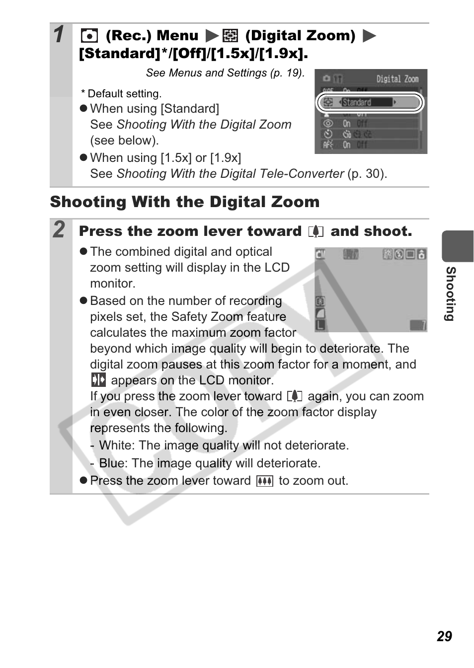 Shooting with the digital zoom | Canon A550 User Manual | Page 31 / 123