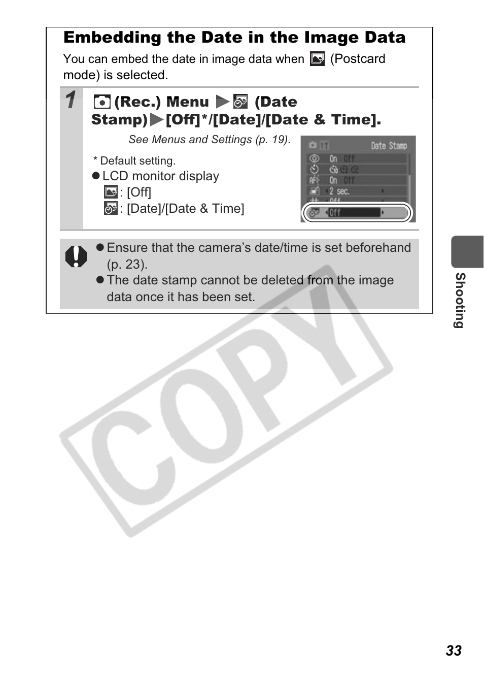 Embedding the date in the image data | Canon A550 User Manual | Page 35 / 123