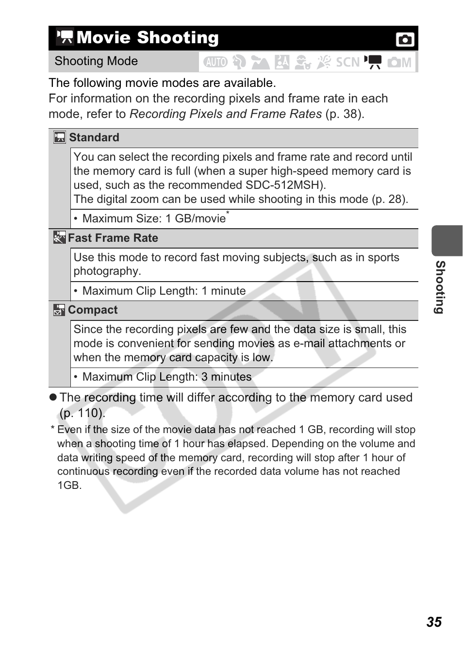Movie shooting | Canon A550 User Manual | Page 37 / 123