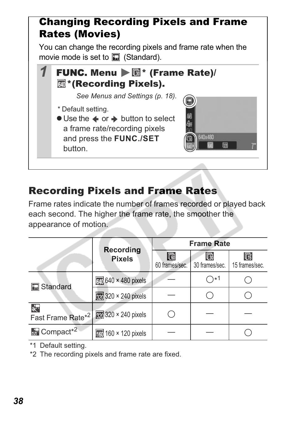 Recording pixels and frame rates, Changing recording pixels and frame rates (movies) | Canon A550 User Manual | Page 40 / 123