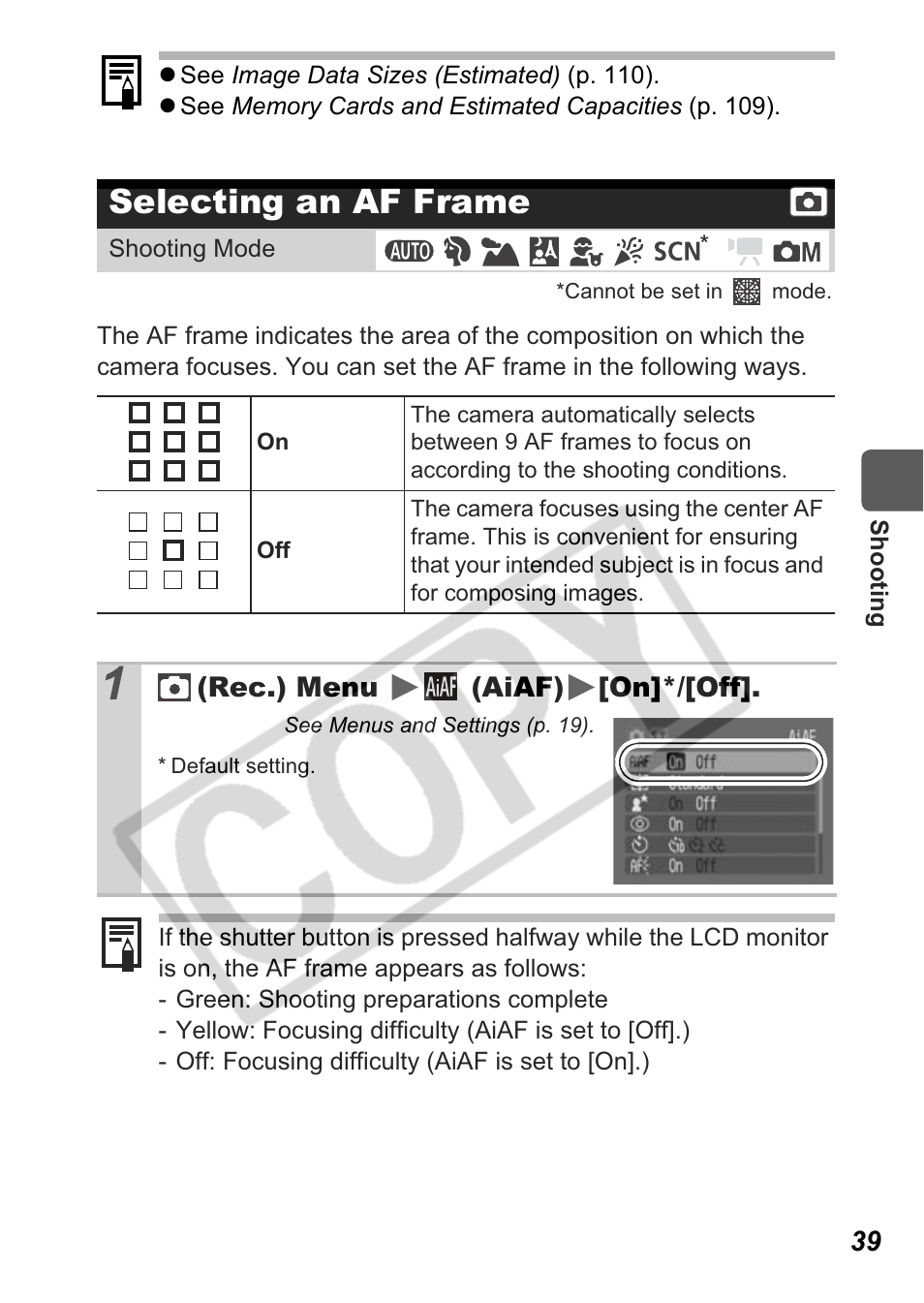 Selecting an af frame | Canon A550 User Manual | Page 41 / 123
