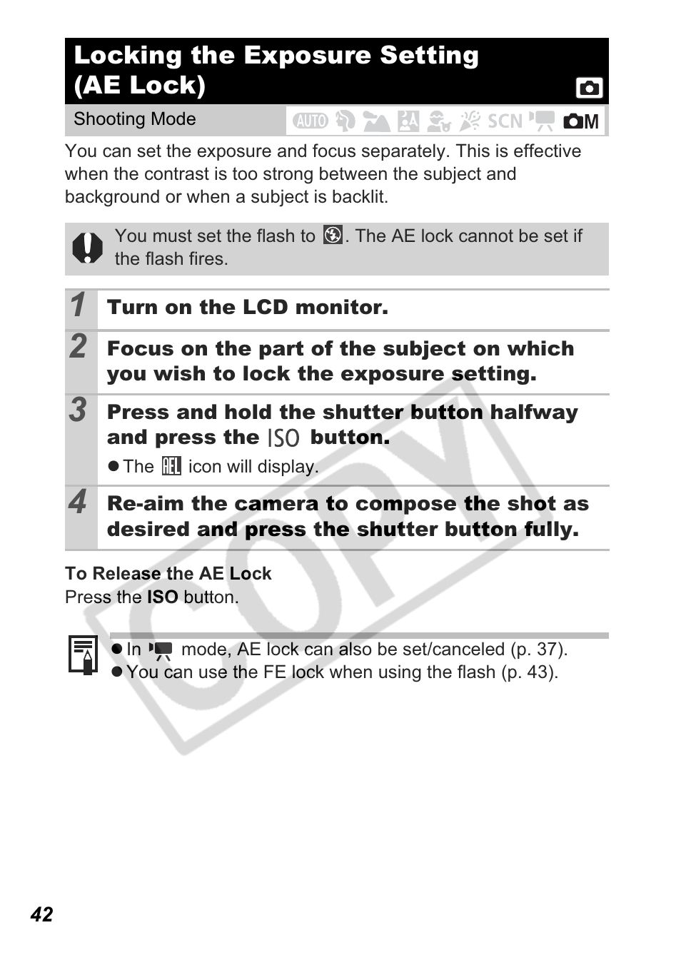 Locking the exposure setting (ae lock) | Canon A550 User Manual | Page 44 / 123