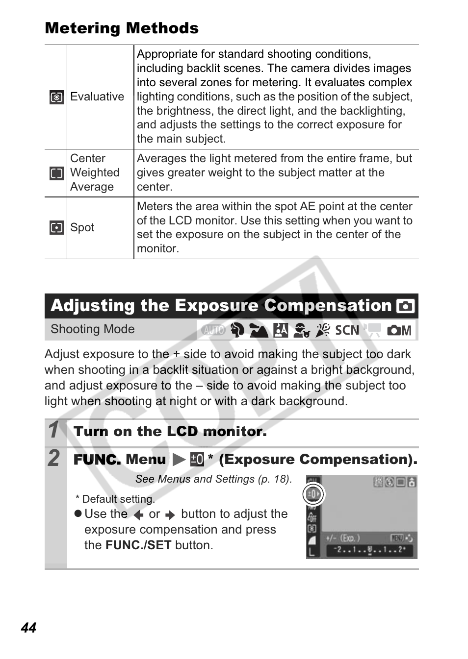 Adjusting the exposure compensation | Canon A550 User Manual | Page 46 / 123