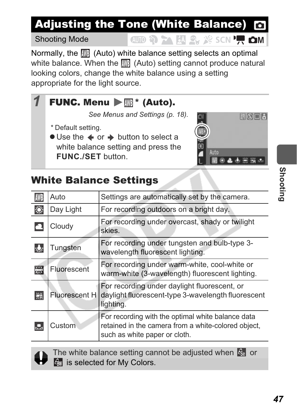 Adjusting the tone (white balance), White balance settings | Canon A550 User Manual | Page 49 / 123