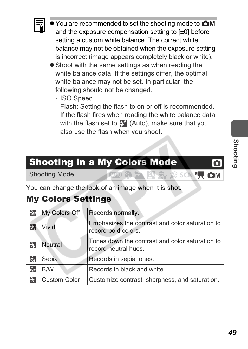 Shooting in a my colors mode, My colors settings | Canon A550 User Manual | Page 51 / 123