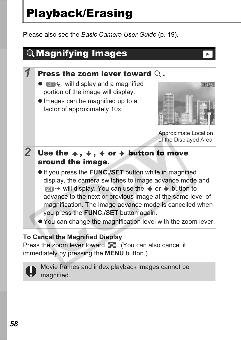Playback/erasing, Magnifying images | Canon A550 User Manual | Page 60 / 123