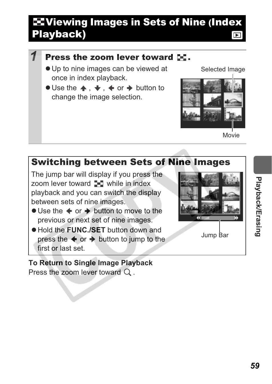 Viewing images in sets of nine, Index playback), Switching between sets of nine images | Canon A550 User Manual | Page 61 / 123