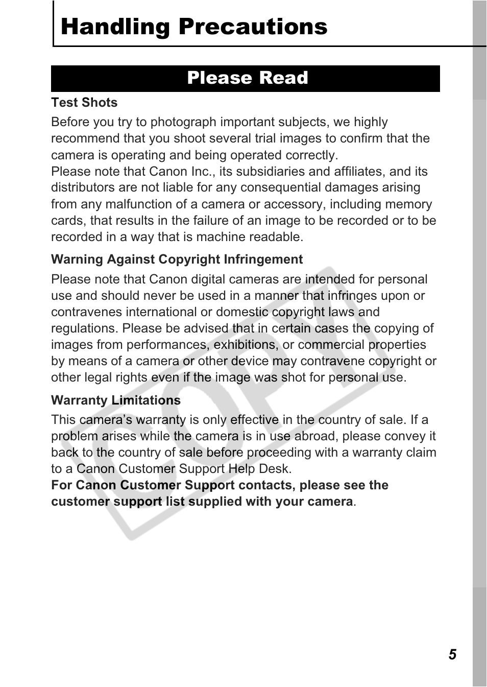 Handling precautions, Please read | Canon A550 User Manual | Page 7 / 123