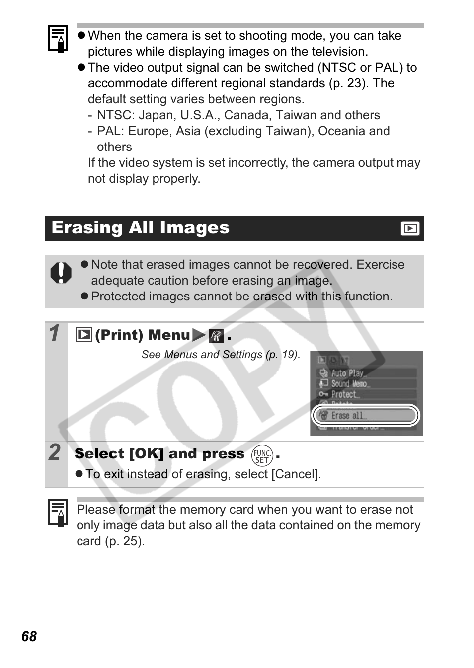 Erasing all images | Canon A550 User Manual | Page 70 / 123