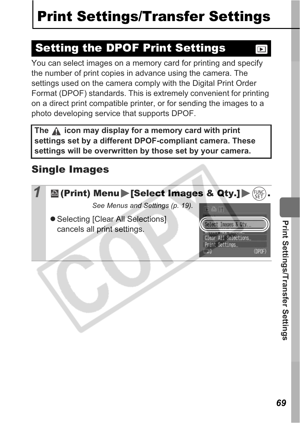 Print settings/transfer settings, Setting the dpof print settings | Canon A550 User Manual | Page 71 / 123