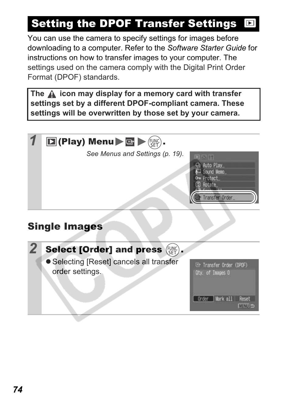 Setting the dpof transfer settings | Canon A550 User Manual | Page 76 / 123