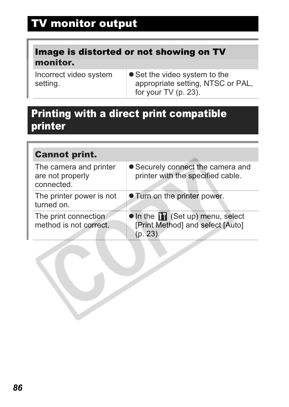 Tv monitor output, Printing with a direct print compatible printer | Canon A550 User Manual | Page 88 / 123