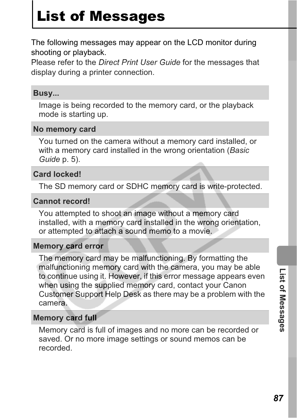 List of messages | Canon A550 User Manual | Page 89 / 123