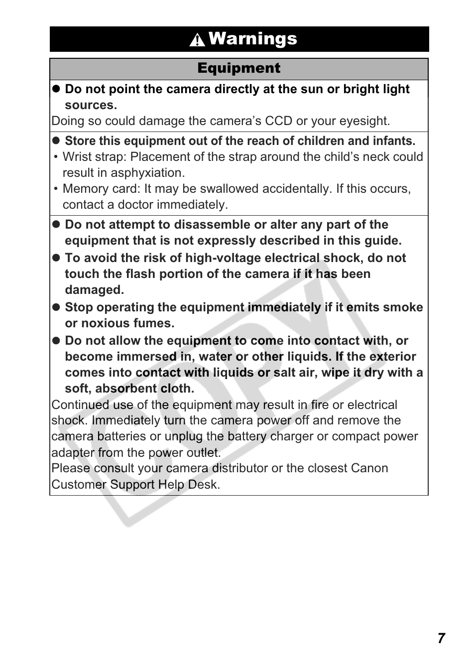 Warnings | Canon A550 User Manual | Page 9 / 123