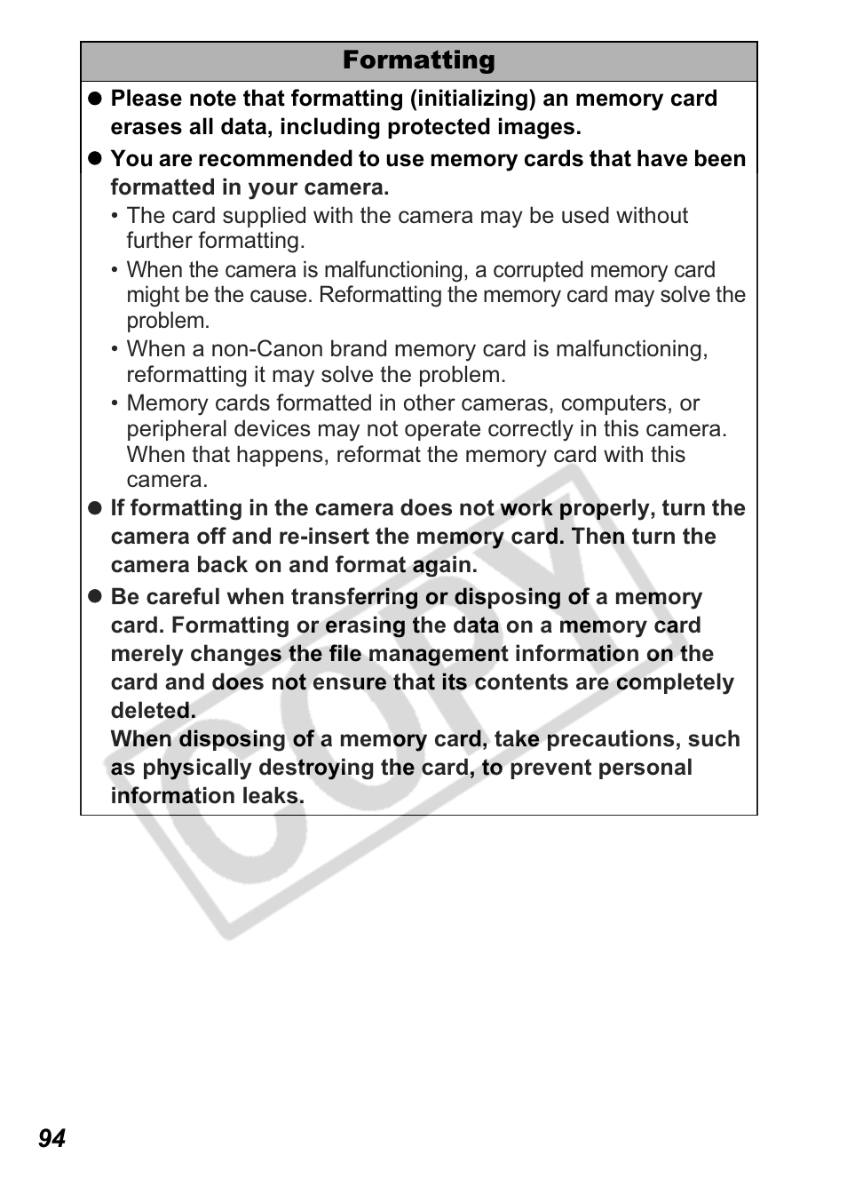 94 formatting | Canon A550 User Manual | Page 96 / 123