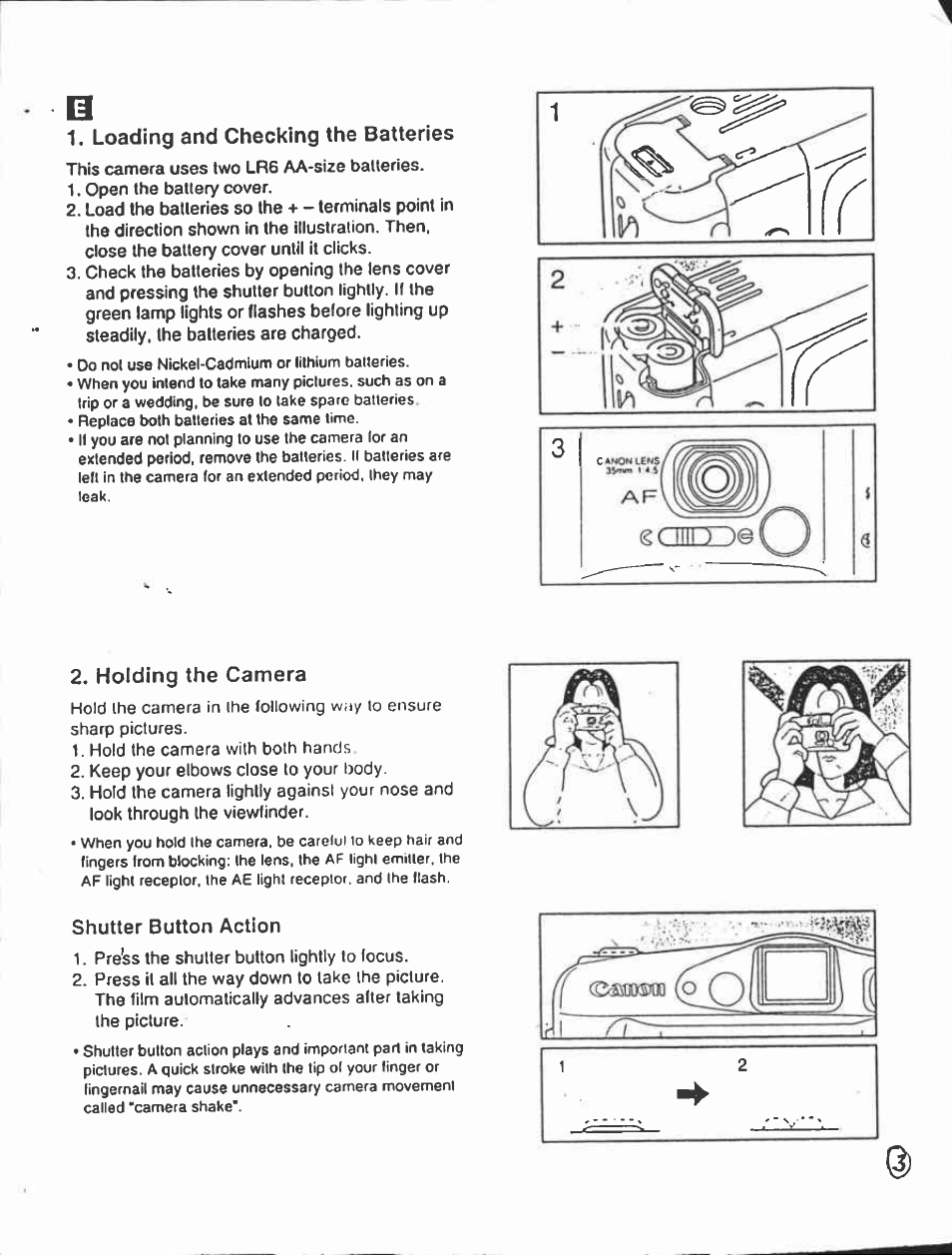 Loading and checking the batteries, Holding the camera, Shutter button action | Canon AF-7 User Manual | Page 3 / 9