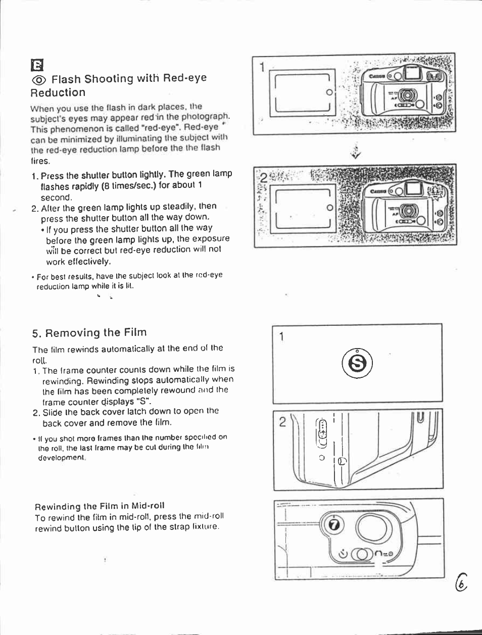 Flash shooting with red-eye reduction, Removing the film | Canon AF-7 User Manual | Page 6 / 9