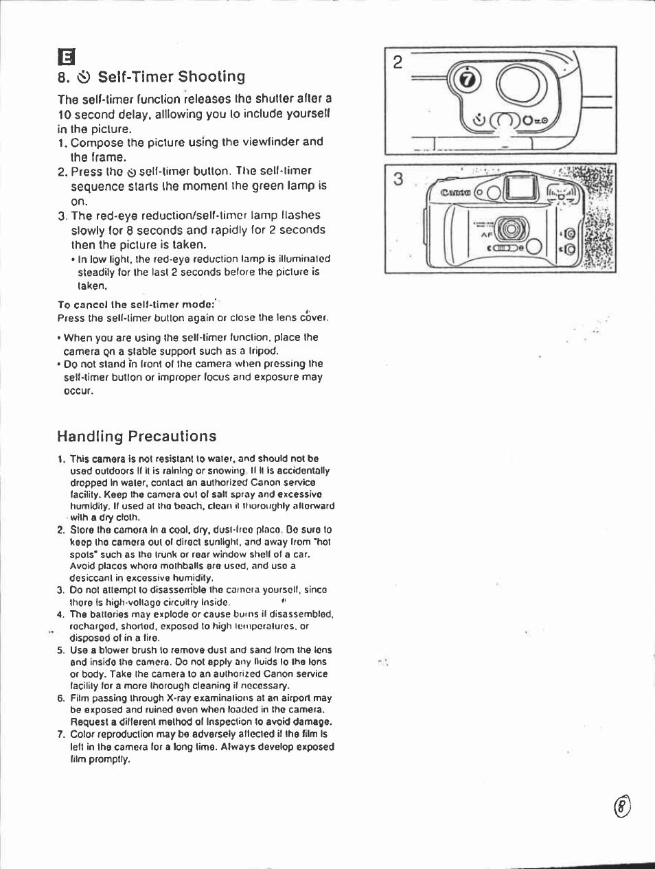 Self-timer shooting, Handling precautions | Canon AF-7 User Manual | Page 8 / 9