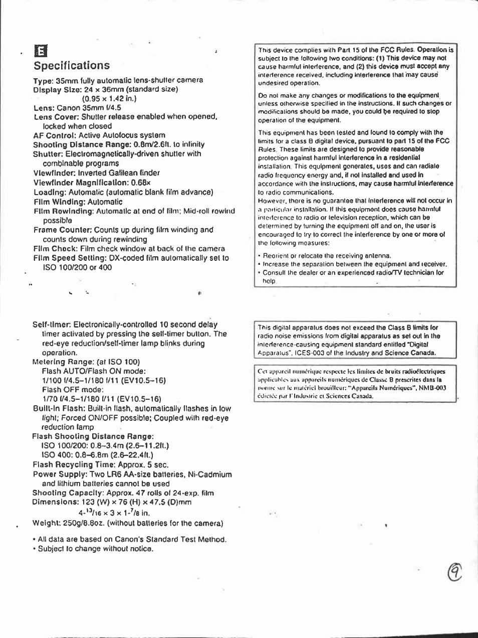 Specifications | Canon AF-7 User Manual | Page 9 / 9