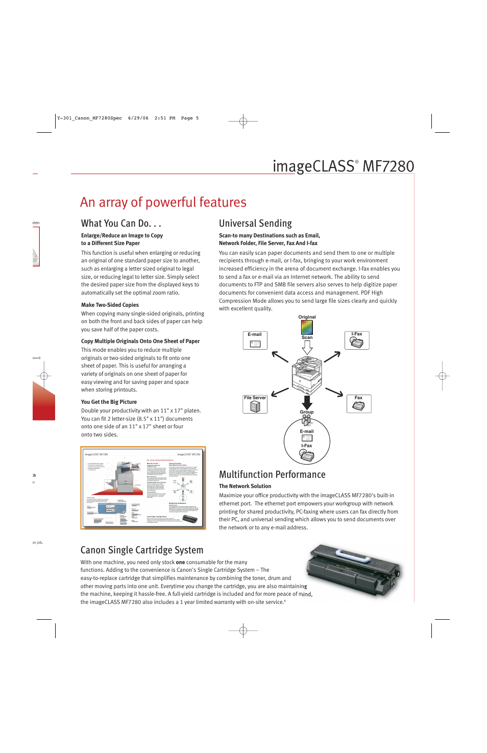 Imageclass, Mf7280, An array of powerful features | Multifunction performance, What you can do, Canon single cartridge system, Universal sending | Canon ImageCLASS MF7280 User Manual | Page 3 / 4