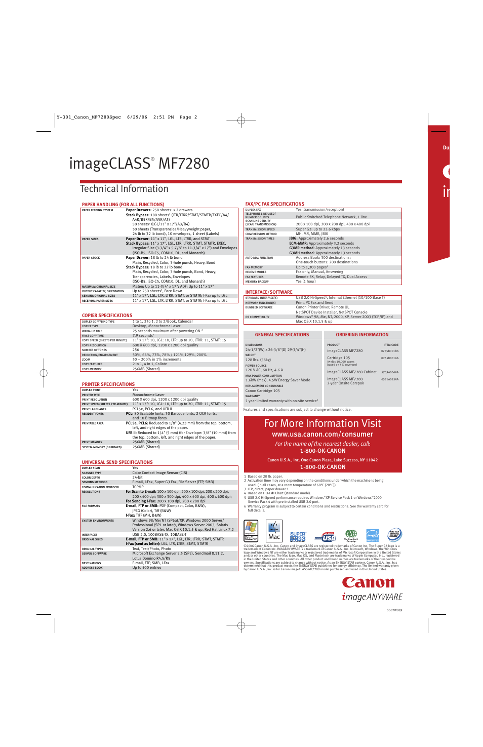 Imageclass, Mf7280, For more information visit | Technical information, 800-ok-canon | Canon ImageCLASS MF7280 User Manual | Page 4 / 4