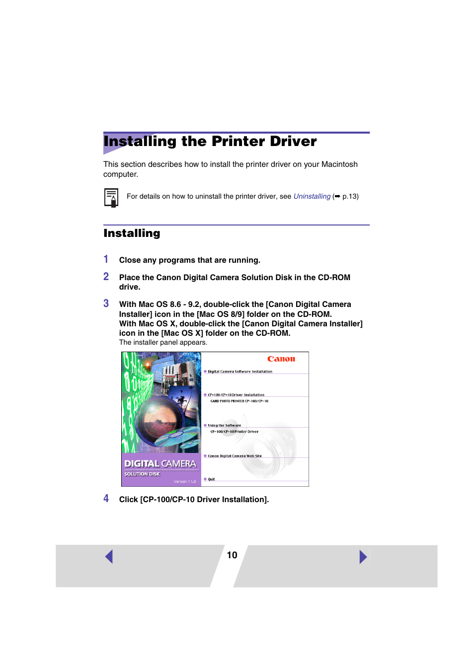 Installing the printer driver, Installing, P.10) in this user guide | Canon CARD CP-10 User Manual | Page 10 / 60