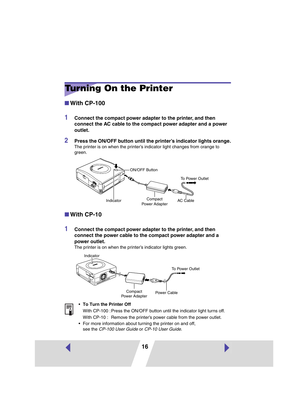 Turning on the printer, P.16), With cp-100 | With cp-10 | Canon CARD CP-10 User Manual | Page 16 / 60