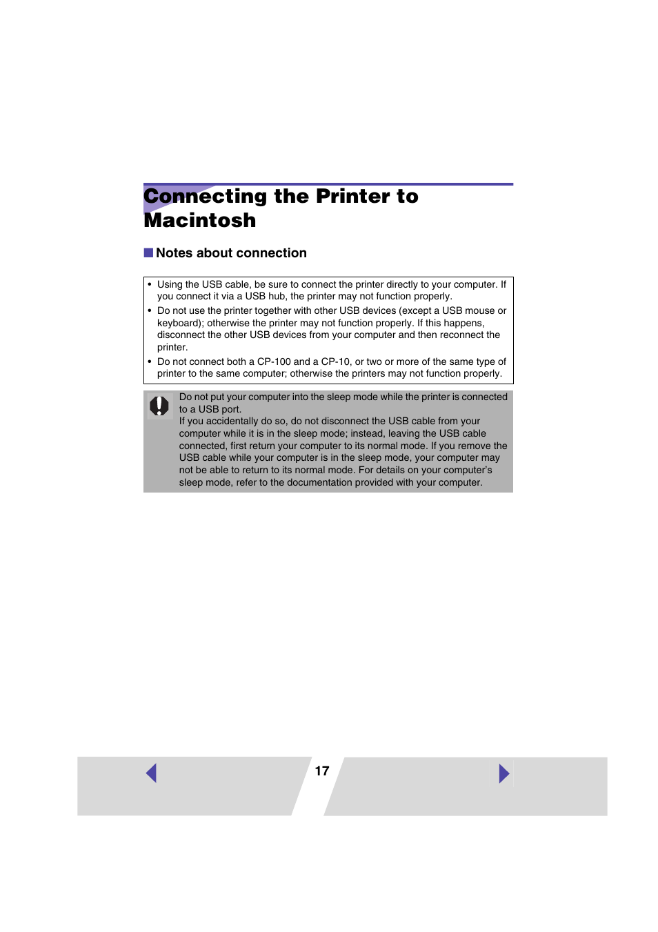 Connecting the printer to macintosh, P.17) in this user guide, Connecting the printer to | Macintosh, P.17) | Canon CARD CP-10 User Manual | Page 17 / 60