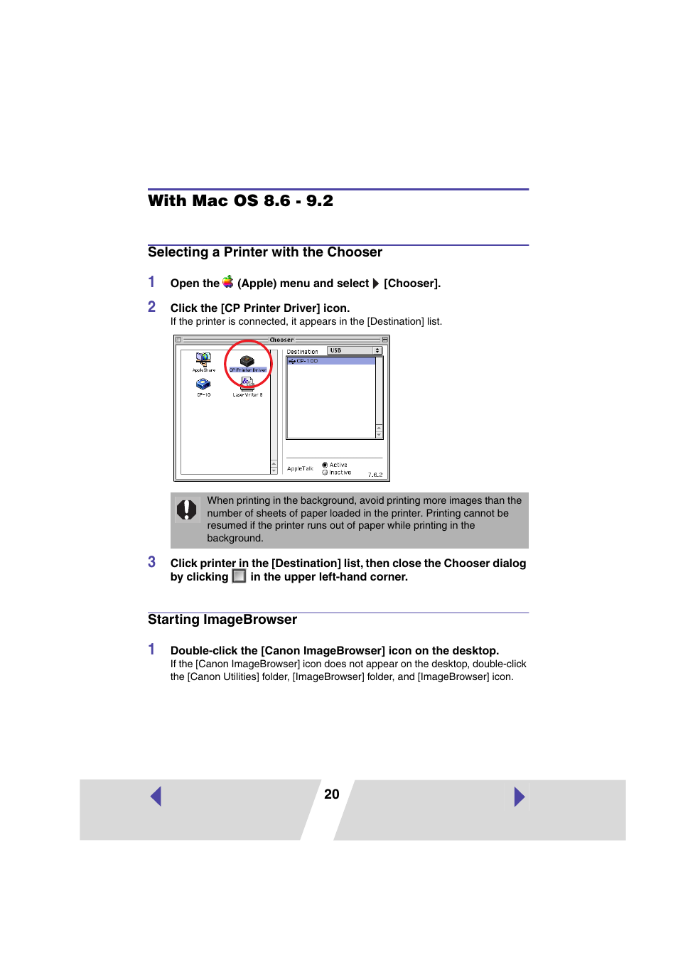 With mac os 8.6 - 9.2, Selecting a printer with the chooser, Starting imagebrowser | Mac os 8.6 - 9.2, P.20, mac os x | Canon CARD CP-10 User Manual | Page 20 / 60