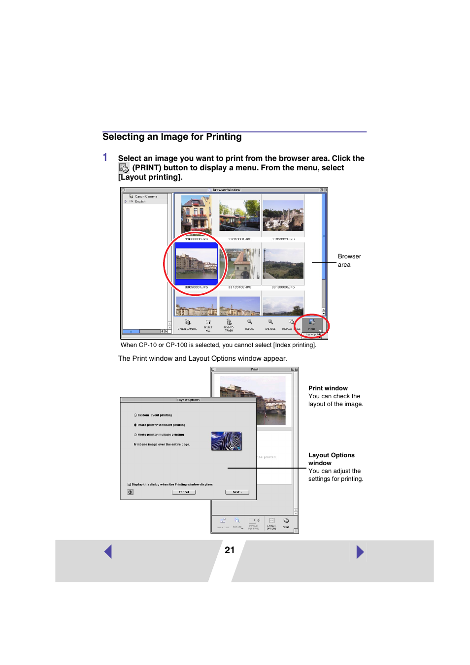 Selecting an image for printing, Mac os 8.6 - 9.2, P.21, mac os x | 21 selecting an image for printing | Canon CARD CP-10 User Manual | Page 21 / 60