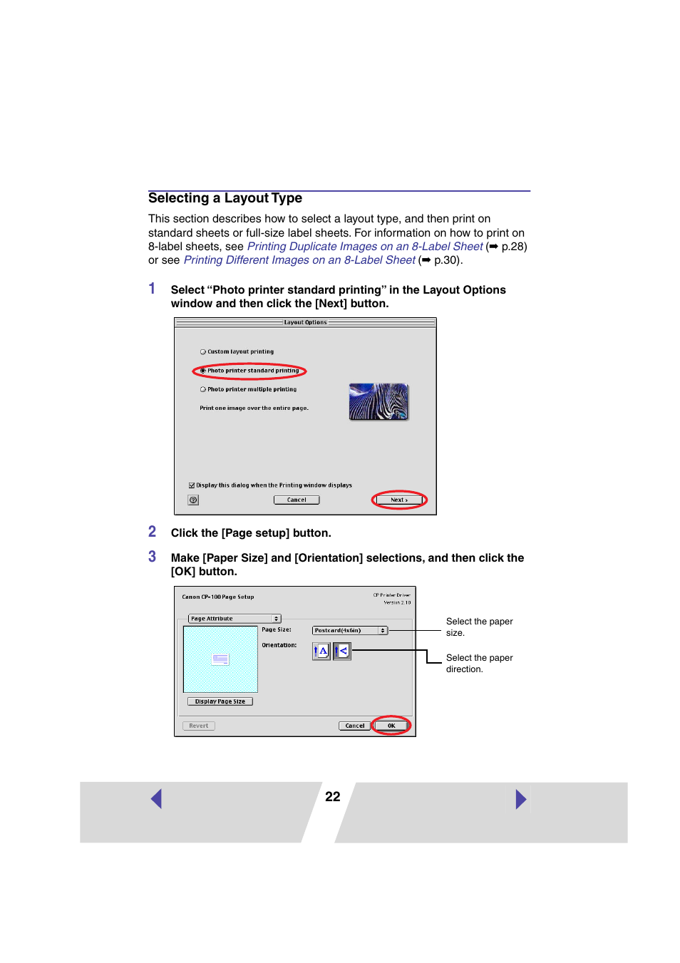 Selecting a layout type, P.22, mac os x | Canon CARD CP-10 User Manual | Page 22 / 60