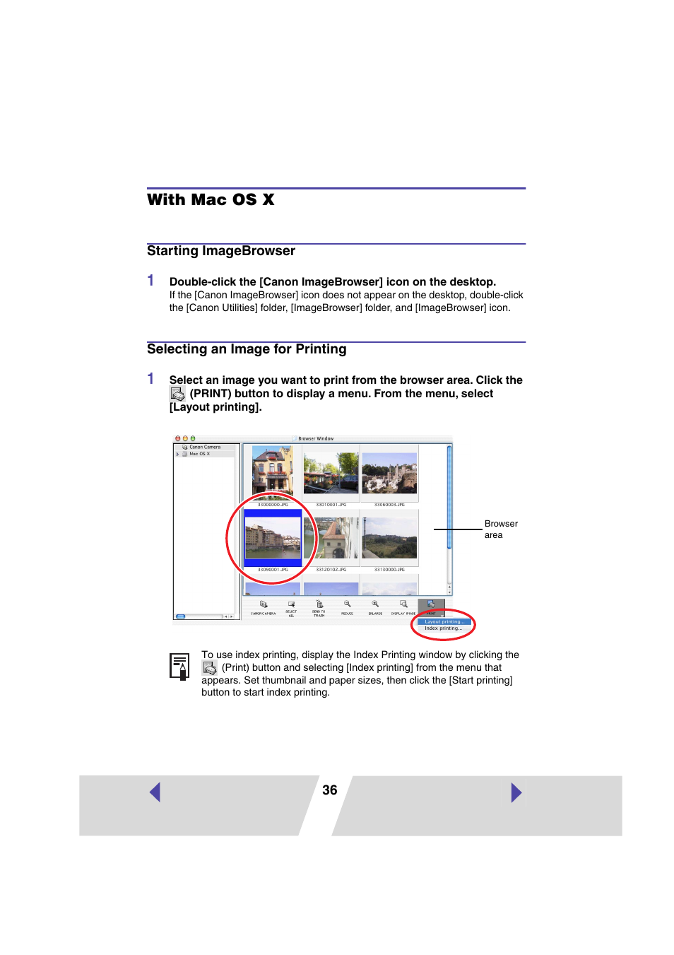 With mac os x, Starting imagebrowser, Selecting an image for printing | P.36) | Canon CARD CP-10 User Manual | Page 36 / 60