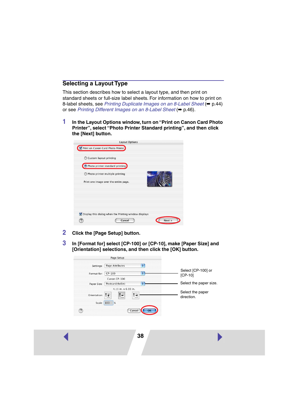 Selecting a layout type, P.38) | Canon CARD CP-10 User Manual | Page 38 / 60