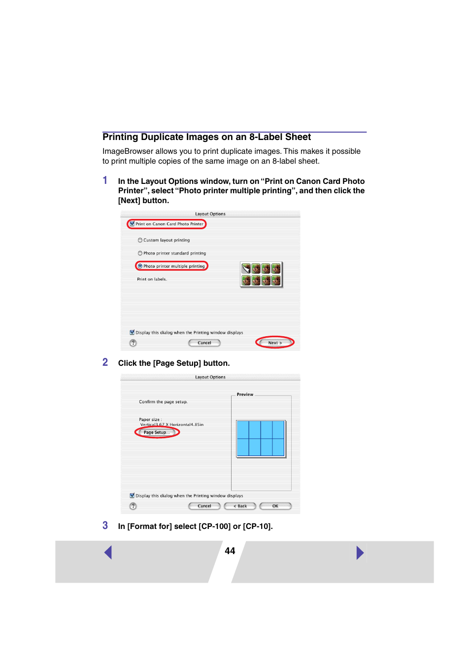 Printing duplicate images on an 8-label sheet, P.44) or, P.44) | Canon CARD CP-10 User Manual | Page 44 / 60