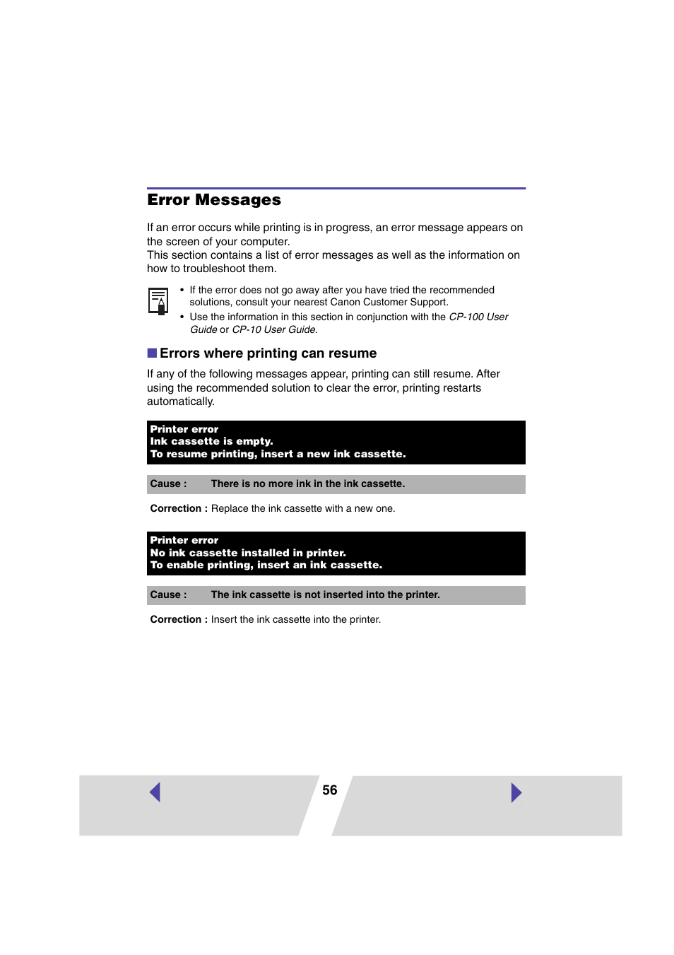 Error messages, Errors where printing can resume | Canon CARD CP-10 User Manual | Page 56 / 60