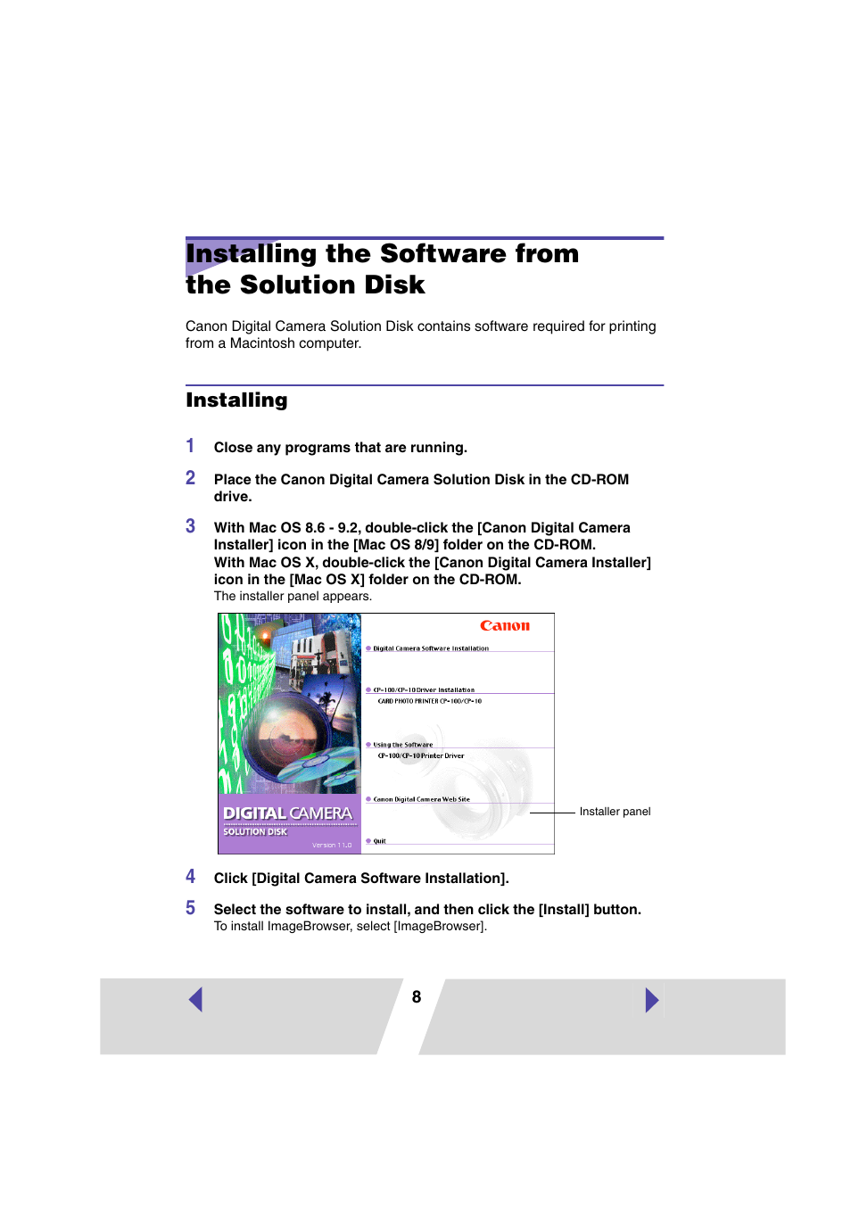 Installing the software from thesolution disk, Installing, Installing the software from the solution disk | P.8) | Canon CARD CP-10 User Manual | Page 8 / 60