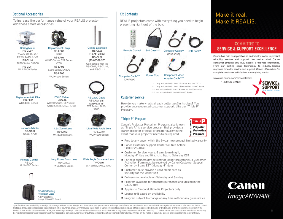 Make it real. make it realis, Optional accessories, Kit contents | Triple p” program, Customer service | Canon REALiS SX7 Mark II User Manual | Page 11 / 12