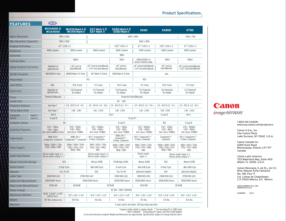 Product specifications, Features | Canon REALiS SX7 Mark II User Manual | Page 12 / 12