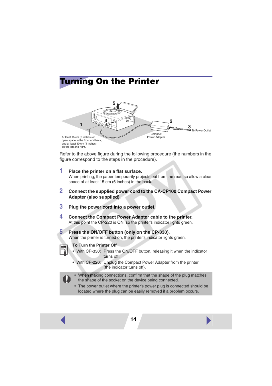 Turning on the printer | Canon CP-330 User Manual | Page 14 / 64
