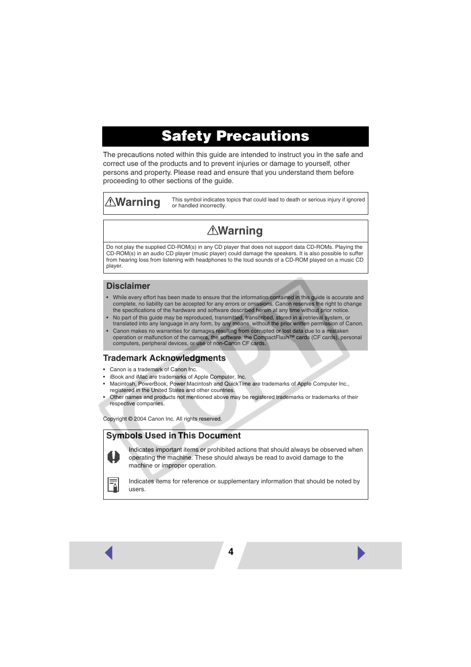Safety precautions, Warning | Canon CP-330 User Manual | Page 4 / 64