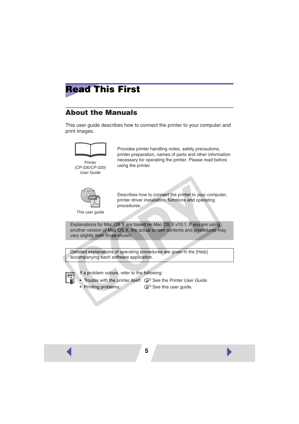 Read this first, About the manuals | Canon CP-330 User Manual | Page 5 / 64