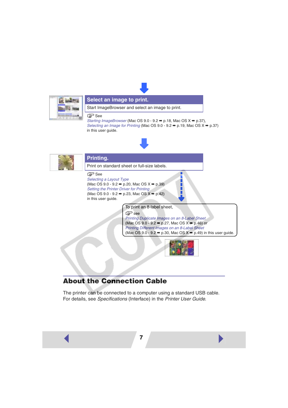 About the connection cable, Select an image to print, Printing | Canon CP-330 User Manual | Page 7 / 64